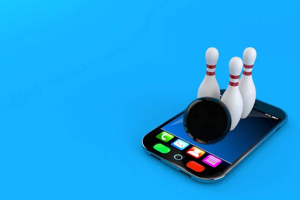 Bowling Ball Mit Stecknadeln Smartphone Isoliert Auf Blauem Hintergrund Illustration — Stockfoto