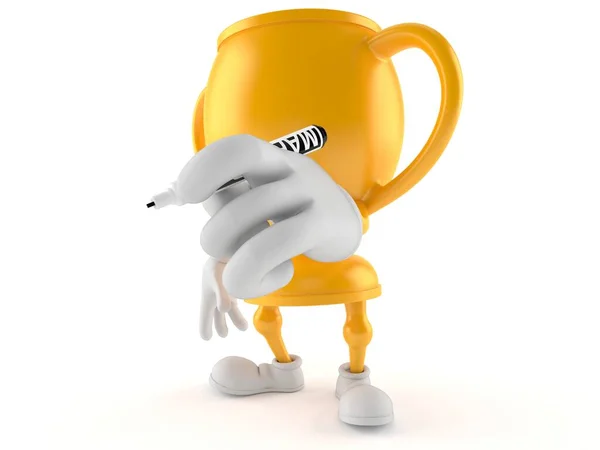 Golden Trophy Character Holding Marker Isolated White Background Illustration — Stock Photo, Image