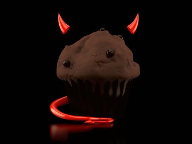 Siyah arka planda şeytan boynuzları ve kuyruğu olan kek. 3d illüstrasyon