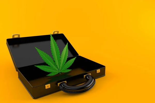 Cannabis Blad Inuti Svart Portfölj Isolerad Orange Bakgrund Illustration — Stockfoto