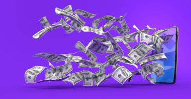 Menekşe arka plandaki akıllı telefonun para birimi sineği. 3d illüstrasyon