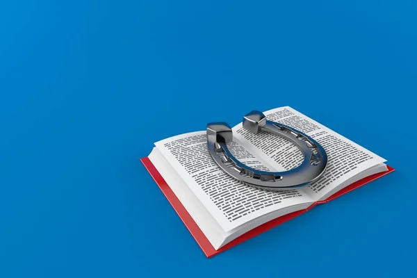 Hufeisen Auf Aufgeschlagenem Buch Isoliert Auf Blauem Hintergrund Illustration — Stockfoto