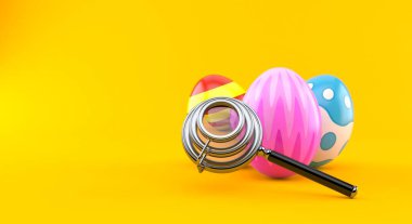 Paskalya yumurtaları, turuncu arka planda izole edilmiş büyüteçle. 3d illüstrasyon