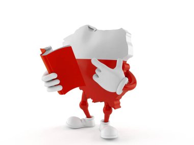 Polonya karakteri beyaz arka planda izole edilmiş bir kitap okuyor. 3d illüstrasyon