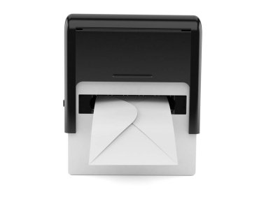 Beyaz arka planda izole edilmiş zarflı lastik damga. 3d illüstrasyon