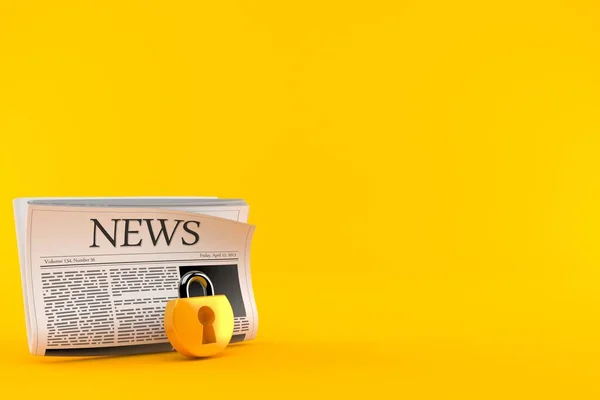 南京錠でオレンジの背景に隔離された新聞 3Dイラスト — ストック写真