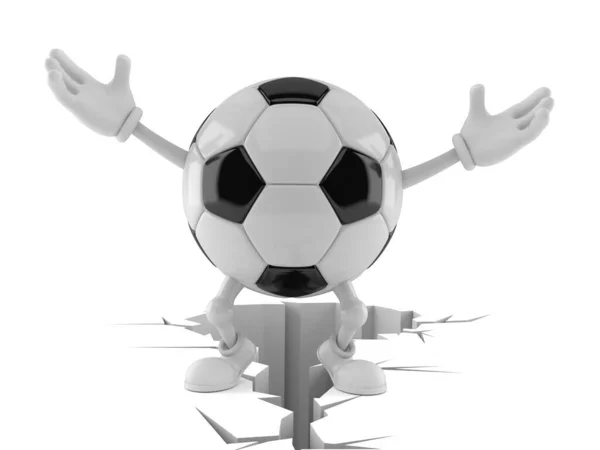 白い背景に隔絶された亀裂の地面に立ってサッカーボールの文字 3Dイラスト — ストック写真
