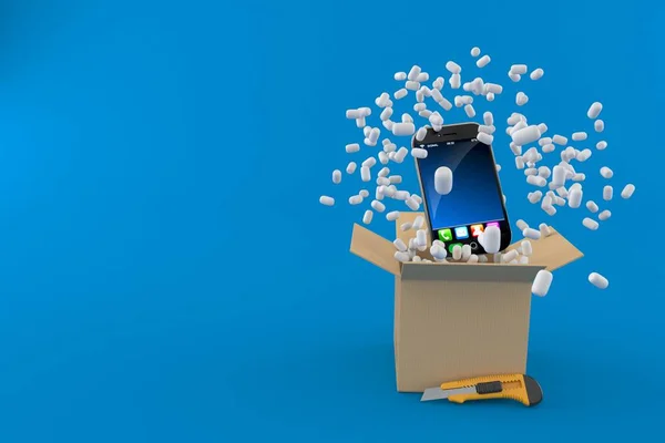 Smartphone Com Caixa Papelão Isolado Fundo Azul Ilustração — Fotografia de Stock