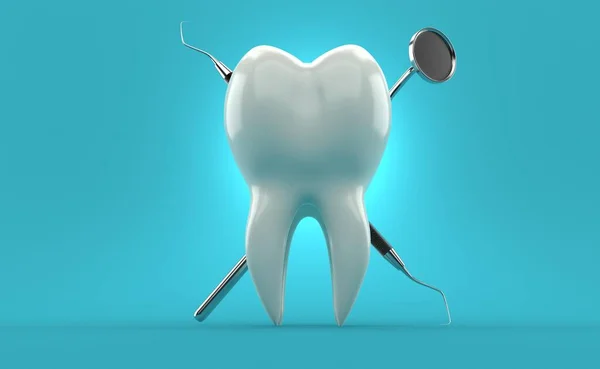 Ząb Narzędziami Dentystycznymi Niebieskim Tle Ilustracja — Zdjęcie stockowe