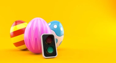 Yeşil ışık alan Paskalya yumurtaları turuncu arka planda izole edilmiş. 3d illüstrasyon