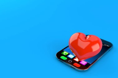 Akıllı telefondaki kalp mavi arka planda izole edilmiş. 3d illüstrasyon