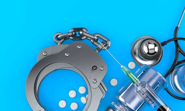 Handcuffs Stethoscope Drugs — Stock Photo, Image