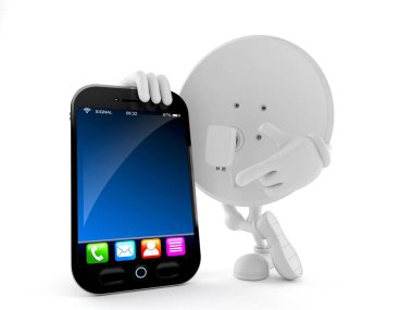 Beyaz arka planda izole edilmiş akıllı telefonlu uydu anteni karakteri. 3d illüstrasyon