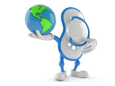 Dünya 'yı beyaz arka planda tutan bebek manken karakteri. 3d illüstrasyon