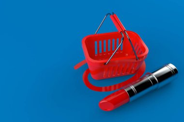 Mavi arka planda ruj izole edilmiş alışveriş sepeti seçildi. 3d illüstrasyon