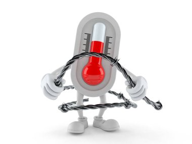 Beyaz arka planda dikenli tel tutan termometre karakteri. 3d illüstrasyon