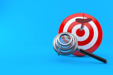 Mavi arka planda izole edilmiş büyüteçle tam isabet. 3d illüstrasyon