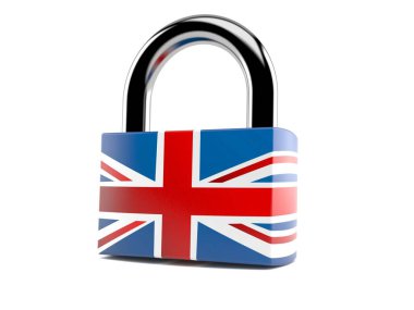 Beyaz arkaplanda Birleşik Krallık bayrağı bulunan asma kilit izole edildi. 3d illüstrasyon