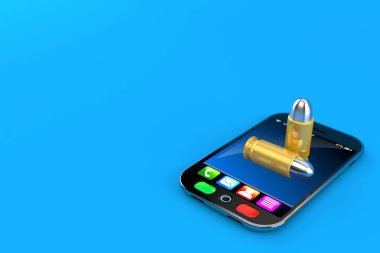 Akıllı telefondaki kurşun mavi arka planda izole edilmiş. 3d illüstrasyon