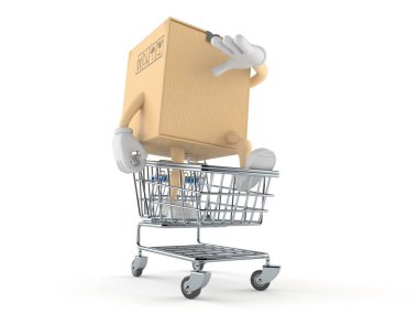 Alışveriş arabasındaki paket karakteri beyaz arka planda izole edilmiş. 3d illüstrasyon