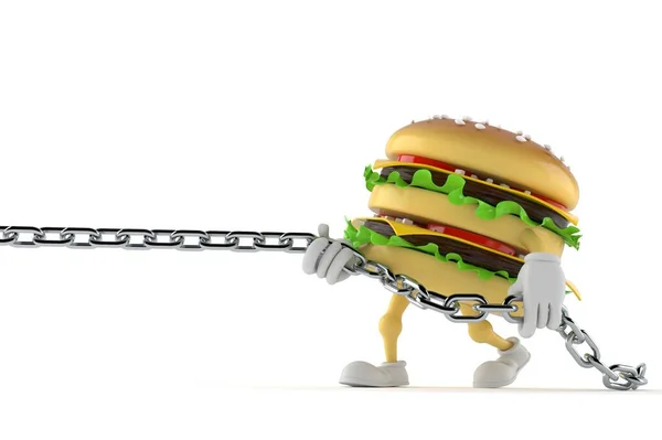 Hamburger Character Pulling Chain Isolated White Background Illustration — Stock Photo, Image