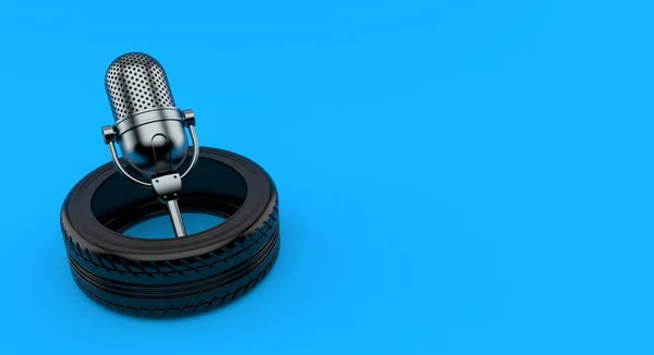 Rádio Microfone Dentro Pneu Carro Isolado Fundo Azul Ilustração — Fotografia de Stock