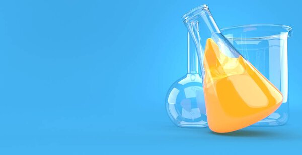 Chemistry flasks on blue background. 3d illustration