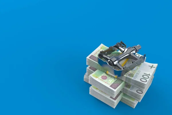 自行车踏板上的钱堆叠隔离在蓝色背景 3D说明 — 图库照片
