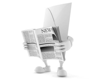 Beyaz arkaplanda izole edilmiş gazete okuyan zarf karakteri. 3d illüstrasyon