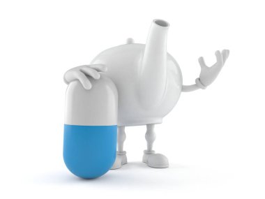 Beyaz arka planda haplarla izole edilmiş çaydanlık karakteri. 3d illüstrasyon