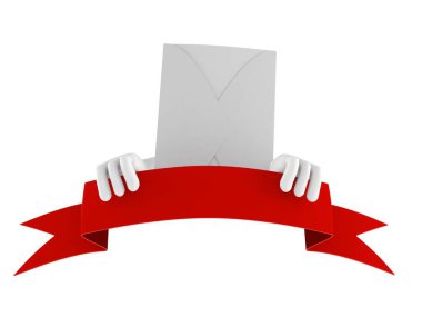 Envelope character with blank banner isolated on white background. 3d illustration