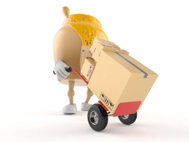 Honey jar character with hand truck isolated on white background. 3d illustration