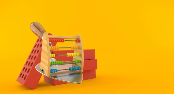 Wooden Abacus Trowel Bricks Isolated Orange Background Illustration —  Fotos de Stock