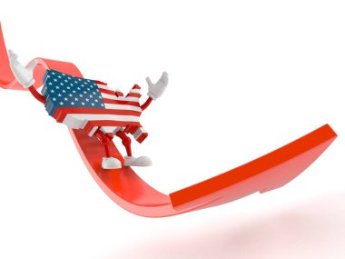 Beyaz arka planda izole edilmiş kırmızı ok üzerinde kayan ABD karakteri. 3d illüstrasyon