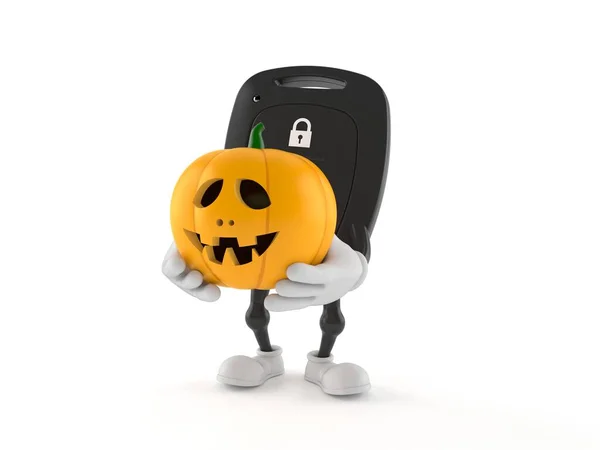 Car Remote Key Character Holding Jack Lantern Isolated White Background — Stock Photo, Image