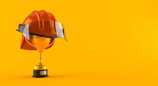 Trofeo Oro Con Casco Pompiere Isolato Sfondo Arancione Illustrazione — Foto Stock