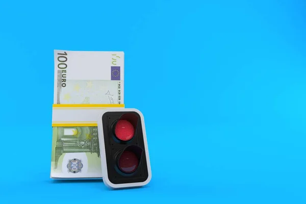 Euro Munt Met Rood Verkeerslicht Geïsoleerd Blauwe Achtergrond Illustratie — Stockfoto