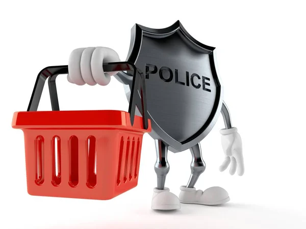 白い背景に隔離されたショッピングバスケットを保持する警察バッジキャラクター 3Dイラスト — ストック写真