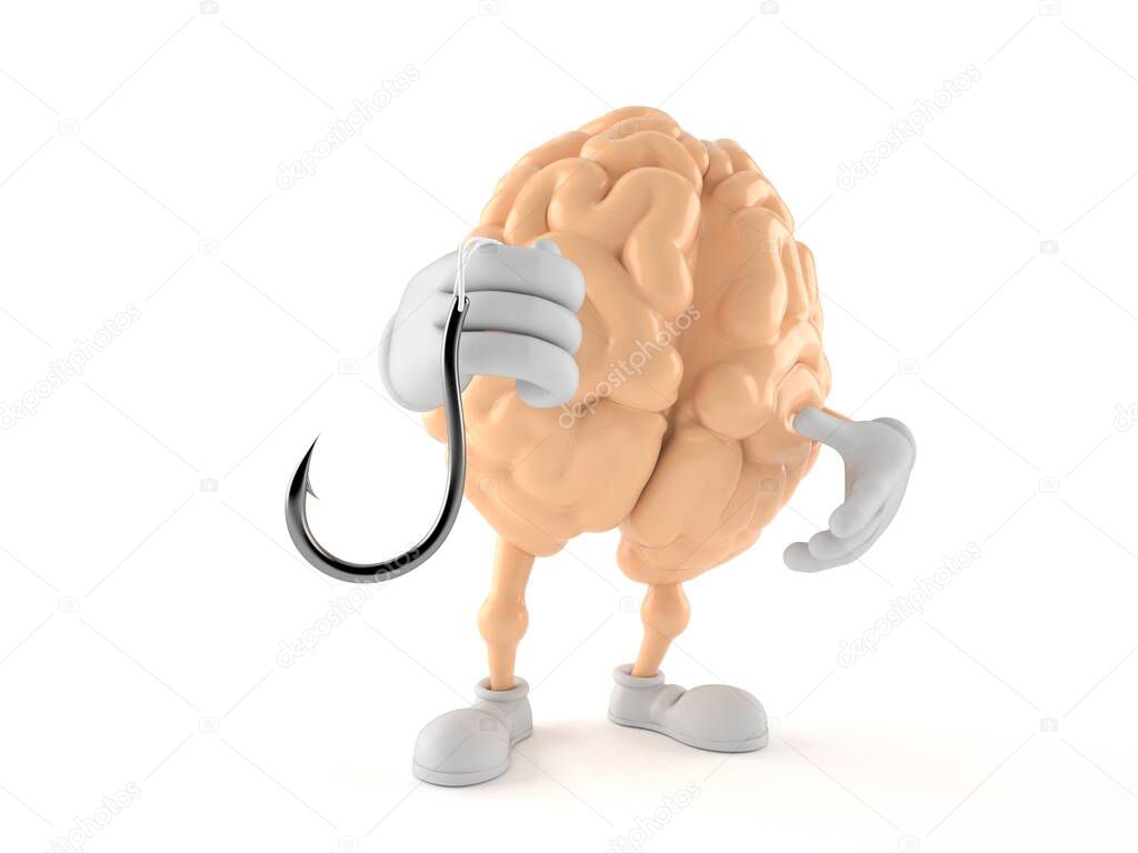 Brain character holding fishing hook isolated on white background. 3d illustration
