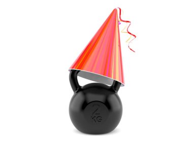Beyaz arka planda izole edilmiş parti şapkalı Kettlebell. 3d illüstrasyon