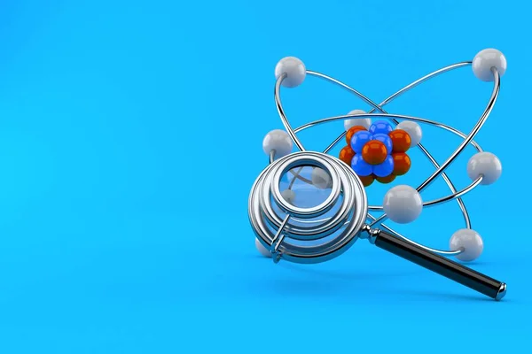 Atomo Con Lente Ingrandimento Isolata Fondo Blu Illustrazione — Foto Stock