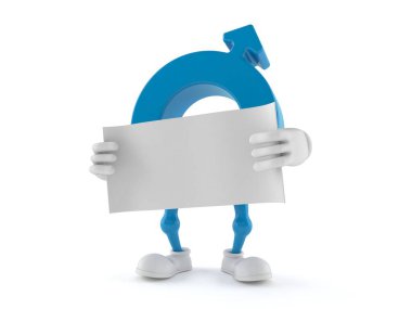 Beyaz arka planda izole edilmiş boş bir kağıt parçası tutan erkek cinsiyet sembolü karakteri. 3d illüstrasyon