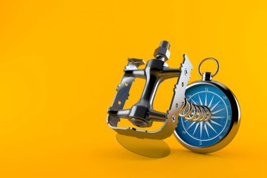 Pusula turuncu arka planda izole edilmiş bisiklet pedalı. 3d illüstrasyon