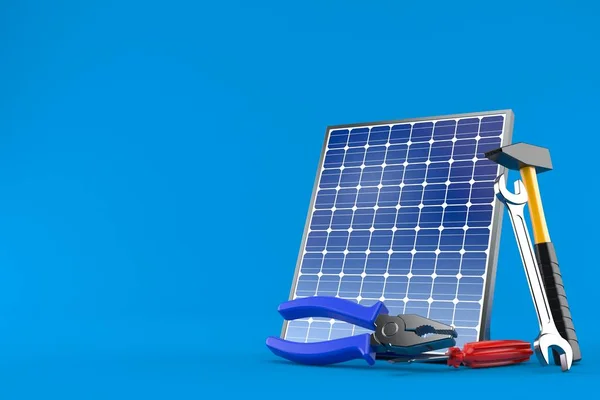 Pannello Fotovoltaico Con Strumenti Lavoro Isolati Fondo Blu Illustrazione — Foto Stock