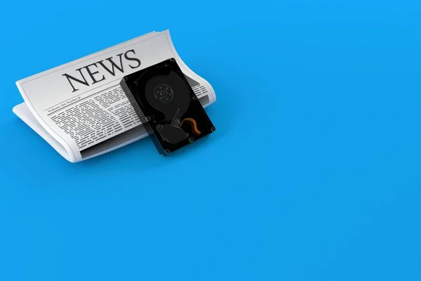 青の背景に隔離された新聞とハードドライブ 3Dイラスト — ストック写真