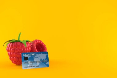 Kredi kartlı ahududu turuncu arka planda. 3d illüstrasyon