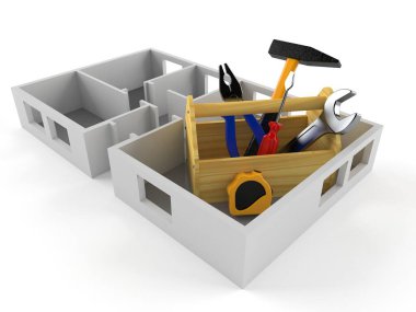 Alet çantası içerideki ev planı beyaz arka planda izole. 3d illüstrasyon