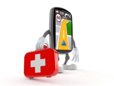 İlk yardım çantasını tutan GPS navigasyon karakteri beyaz arka planda izole edildi. 3d illüstrasyon