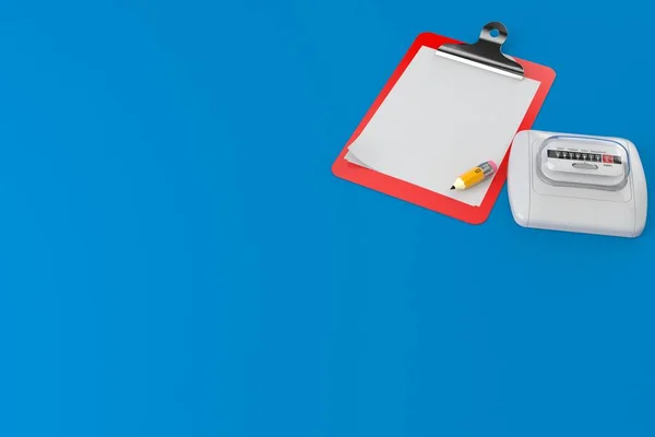Electricity measure with blank clipboard isolated on blue background. 3d illustration