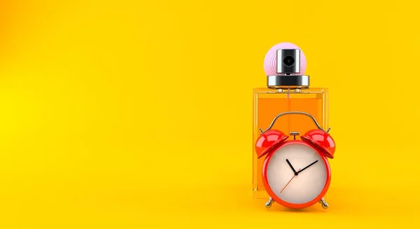 Frasco Perfume Com Despertador Isolado Fundo Laranja Ilustração — Fotografia de Stock